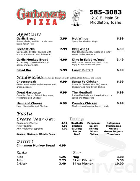 Garbonzos Pizza Menus In Middleton Idaho United States