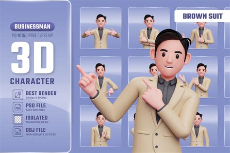 Businessman Pointing Pose In Brown Suit 3d Illustration Pack 20 Free Download People 3d