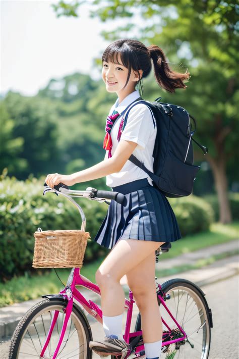 ピンクの自転車に乗る制服を着たアラフィフのアジア人少女 - SeaArt AI