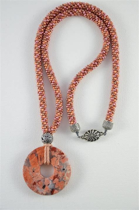 Peach Beaded Kumihimo Necklace With Brecciated Jasper Donut Etsy