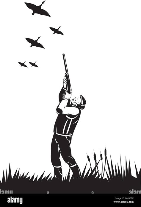 Illustration Of A Hunter Aiming Shotgun Rifle Gun At Ducks Geese Done