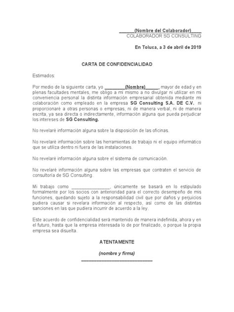 Carta De Confidencialidad Empleados Pdf