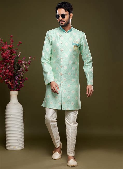 Buy Pista Green Art Silk Jacquard Indowestern Sherwani Party Wear