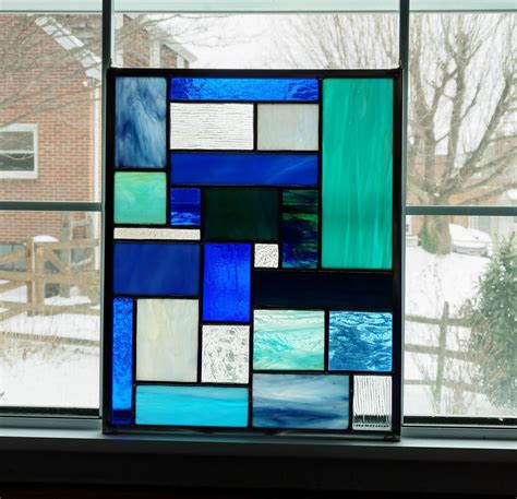 Blue Geometric Stained Glass Panel Stained Glass Window Suncatcher Privacy Screen Garden