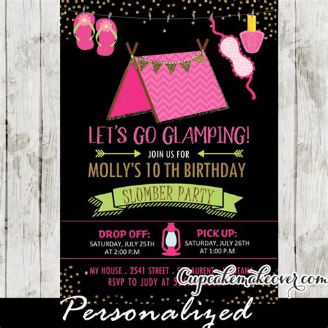 Sleepover Camping Birthday Invitations Girls Glamping Slumber Party