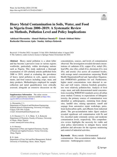 Heavy Metal Contamination In Soils Water And Food In Nigeria From