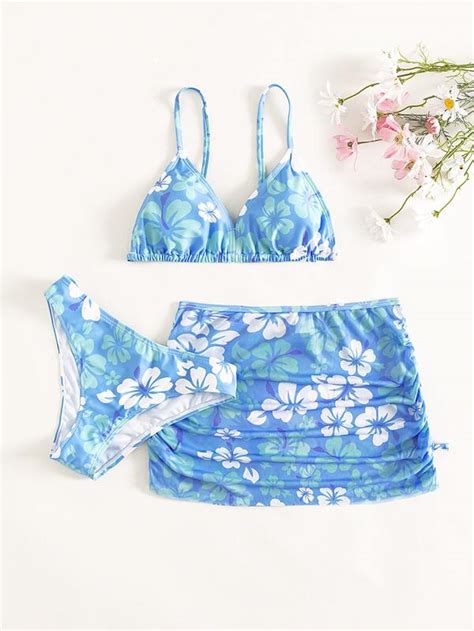 SHEIN Chicas adolescentes 3 piezas con estampado floral Bañador bikini