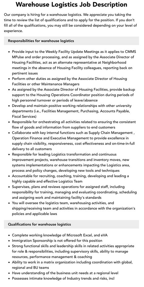 Warehouse Logistics Job Description Velvet Jobs