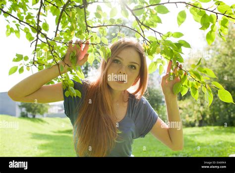 Beautiful Red Haired Smiling Girl On A Background Of Foliage Stock