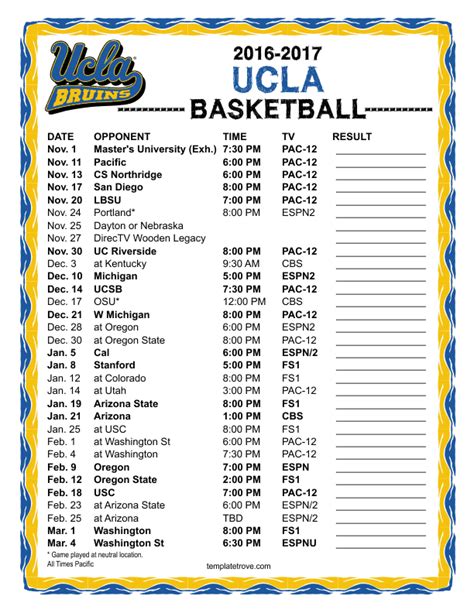 Printable 2016-2017 UCLA Bruins Basketball Schedule