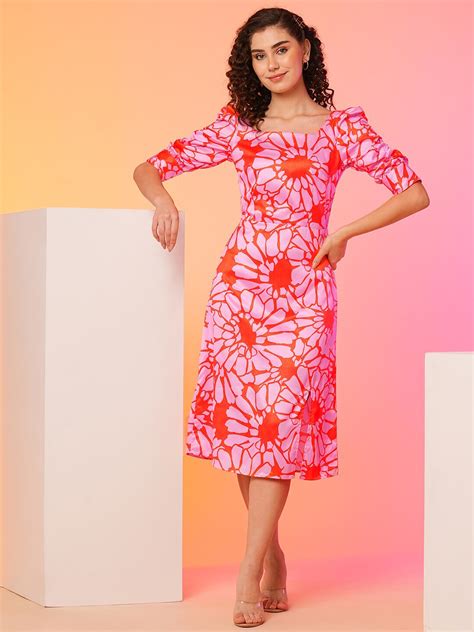 Buy Globus Pink Floral Print Square Neck Puff Sleeves Satin A Line Midi