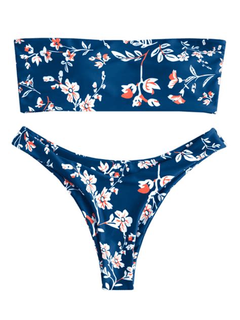 Zaful High Leg Flower Bandeau Bikini Set Cobalt Blue L Bikinis