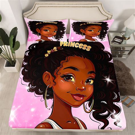 Yst Black Women Queen Fitted Sheet Melanin Princess Sheets Aesthetic Pink Galaxy Bed Sheets