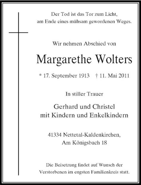 Alle Traueranzeigen für Margarethe Wolters trauer rp online de