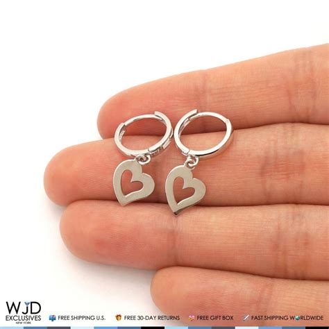 K Solid White Gold Huggie Hoop Open Heart Dangle Drop Earrings Wjd