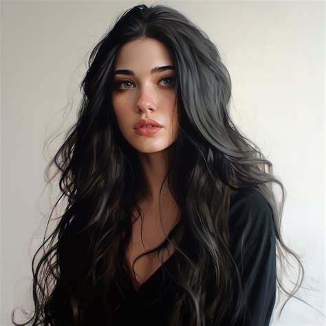 Chica Dibujo Realista Con Pelo Largo Y Negro Foto Premium