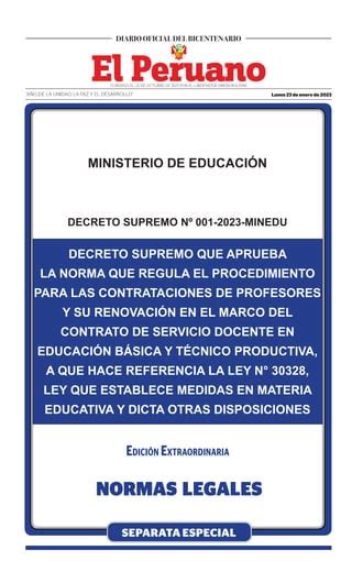 Ds N° 001 2023 Minedu Aprueba La Norma Que Regula Procedimiento Para Las Contrataciones De