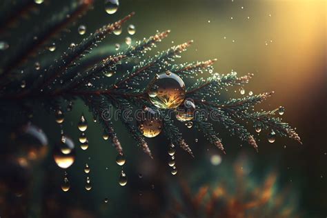 Abstract Macro Fantasy Of Dew Or Raindrops On Forest Plants In Golden