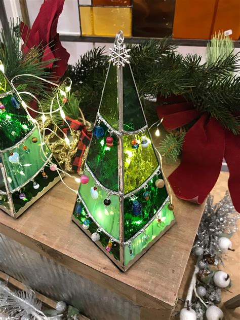 Glass Christmas Tree Tea Light 3d Holder Stained Glass Green Etsy