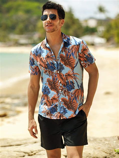 Button Front Tropical Print Hawaiian Shirt Tenue Décontractée Homme