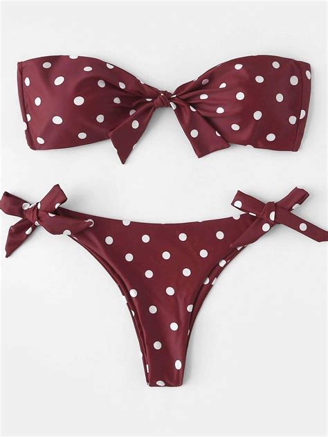 Burgundy Red Polka Dot Bandeau Swimsuit Tie Side Bikini Bottom