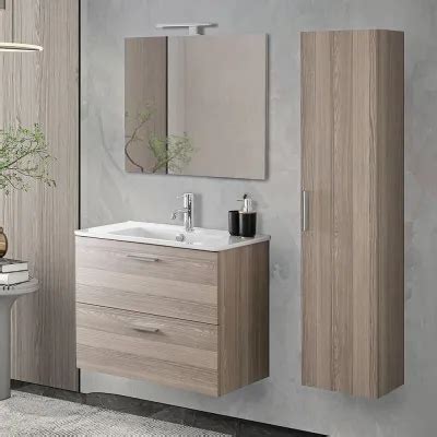 Mobile Bagno Da Terra Cm Linea Way Rovere Chiaro Specchio E Lavabo