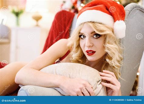Beautiful Blonde Santa Clause In Elegant Hat And Bra Stock Photo Image Of Cute Body