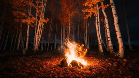 Forest Fire At A Night In Autumn With Aspen Trees With White Leaves And