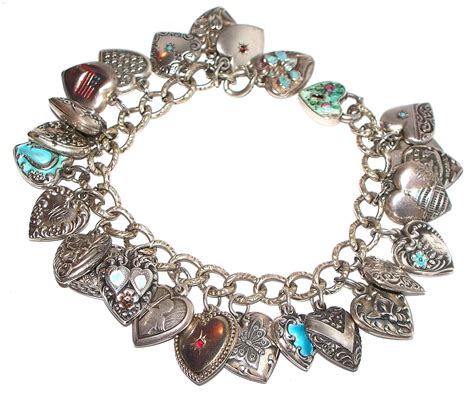 1940s Vintage Sterling Puffy Heart Charm Bracelet Lampl Blue Enamels