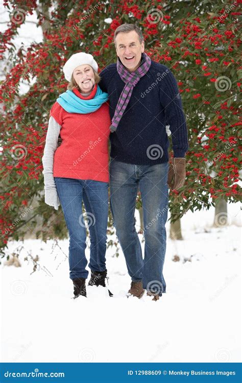 Senior Couple Walking Through Snowy Woodland Stock Image Image Of