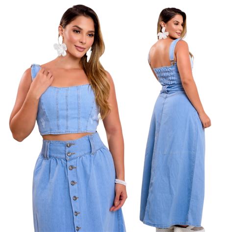 Conjunto Jeans Saia E Cropped - Conjunto jeans saia longa cintura alta e cropped 100% algodão sem ...