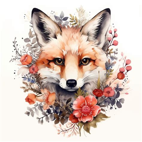 Premium Photo Fox Portrait With Flower Watercolor Illustration