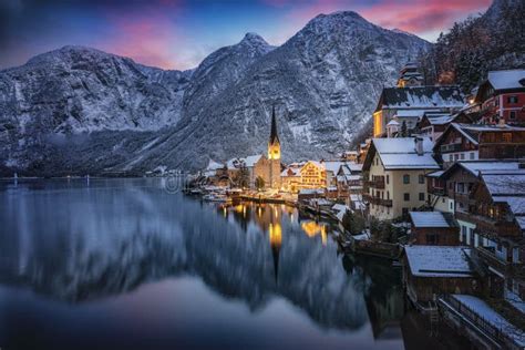 The Little Village of Hallstatt, Austria, during Winter Dusk Time with Snow Stock Photo - Image ...