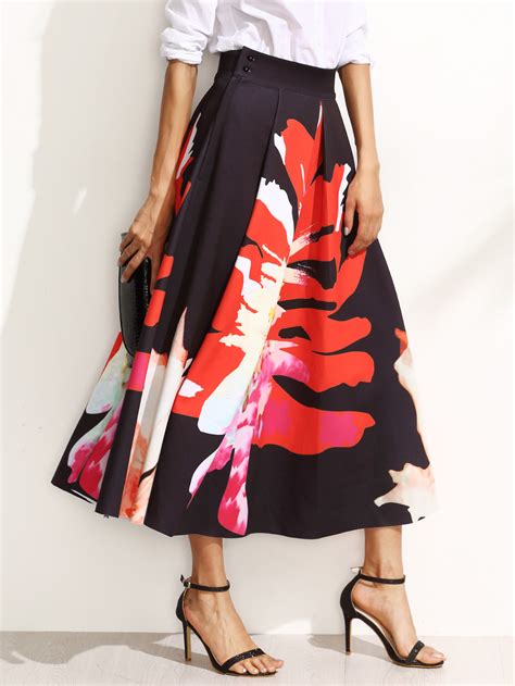 Floral Print Pleated Skirt With Button Side Sheinsheinside