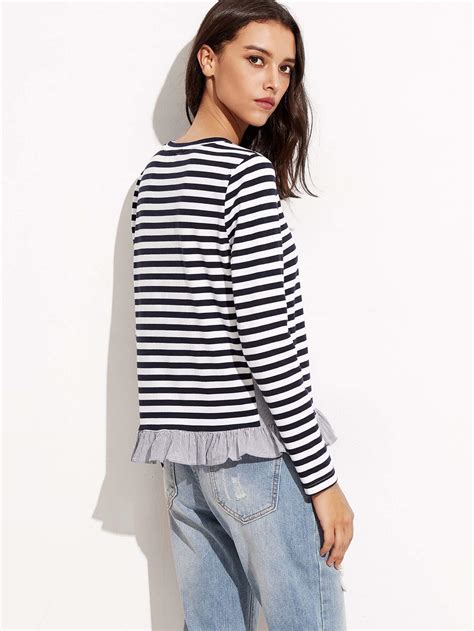 Contrast Striped Ruffle Trim T Shirt Shein Sheinside