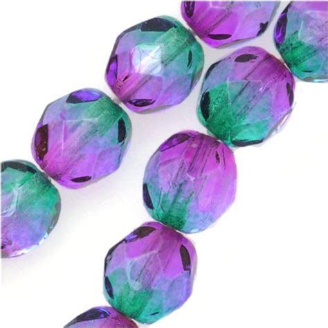 Czech Fire Polish Glass Two Toned Beads 6mm Round Purple Green 25 By Jablonex