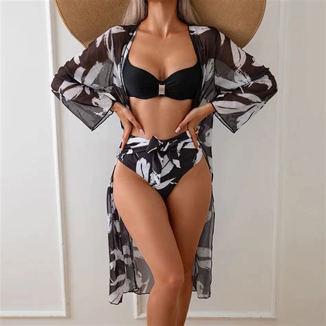 Women Sexy Three Pieces Bikini Print Beach Skirt Tunics For Summer