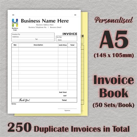 5 X A5 Personalised Duplicate Invoice Books Bill Books Ncr Pads