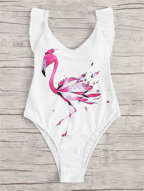 Pink Flamingo Print White Ruffle Backless One Piece Swimsuit Bikini