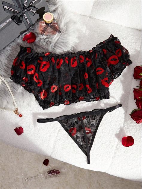 Lips Heart Shaped Lace Sexy Lingerie Pcs Set Valentine S Day Edition SHEIN USA