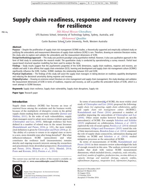 Pdf Supply Chain Readiness Response And Recovery For Resilience