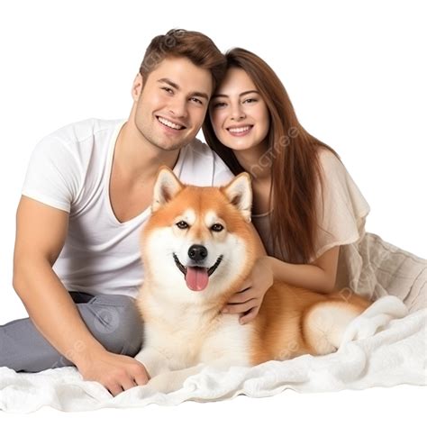 Una Joven Pareja Feliz Abrazando Al Adorable Perro Akita Inu En El