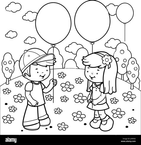 Ni Os Jugando En El Parque Con Globos Coloring Book P Gina Imagen