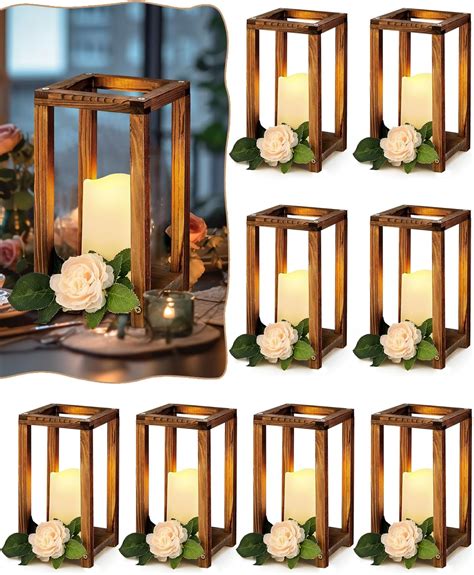 Huquary 16 Pcs Wooden Candle Lantern Set Includes 8 Rustic Wedding Centerpieces For