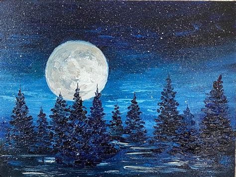 Full Moon Landscape Painting Pine Trees Original Art Night Forest Oil