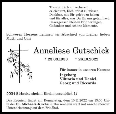 Traueranzeigen Von Anneliese Gutschick Rz Trauer De