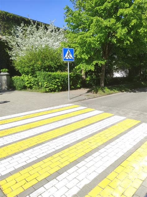 Cruce Peatonal Blanco Y Amarillo En La Carretera Camino Pavimentado