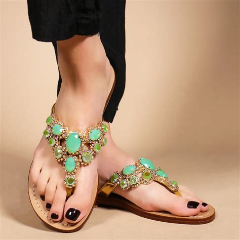 Jeweled And Embellished Flat Leather Womens Sandals Mystique Sandals