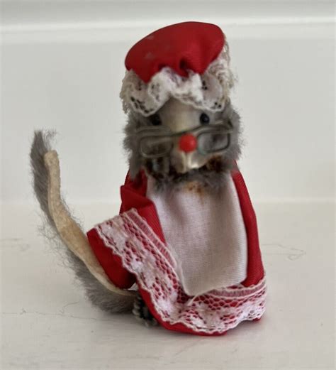 Vintage Original Fur Toys Grey Mouse Red Hat And Dress West Germany