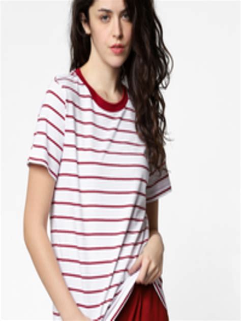 Buy Only Women White Maroon Striped Round Neck Pure Cotton T Shirt